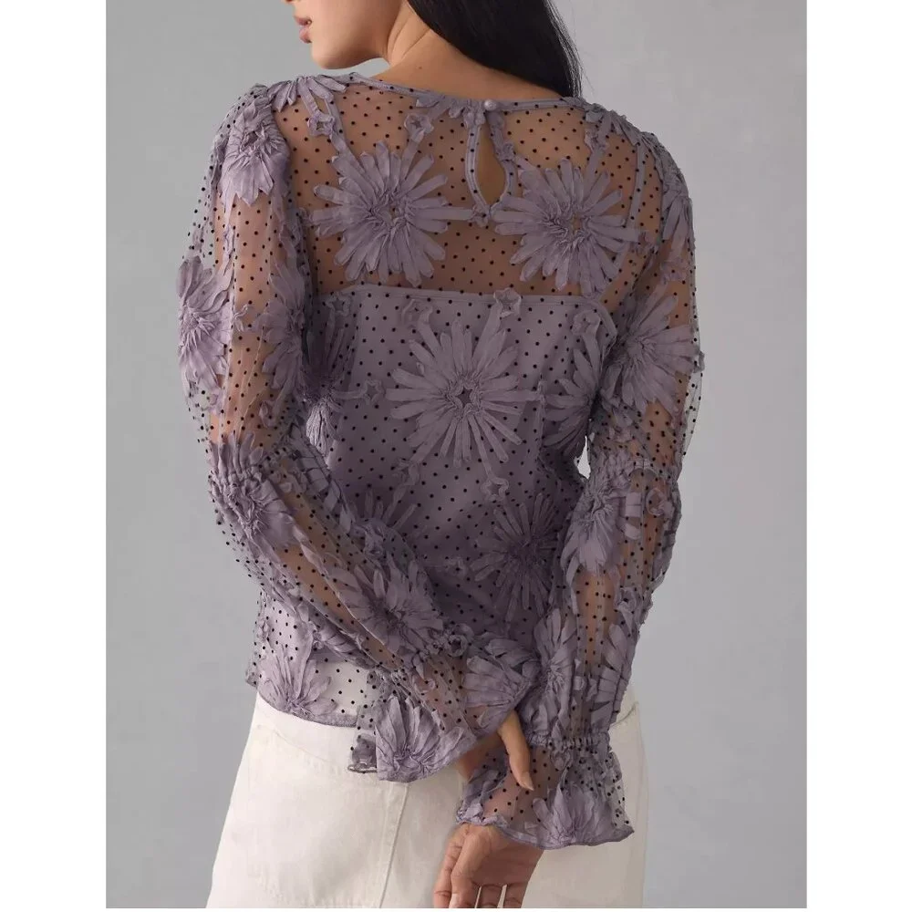 Anthropologie Eva Franco Lace Floral Blouse Purple XL